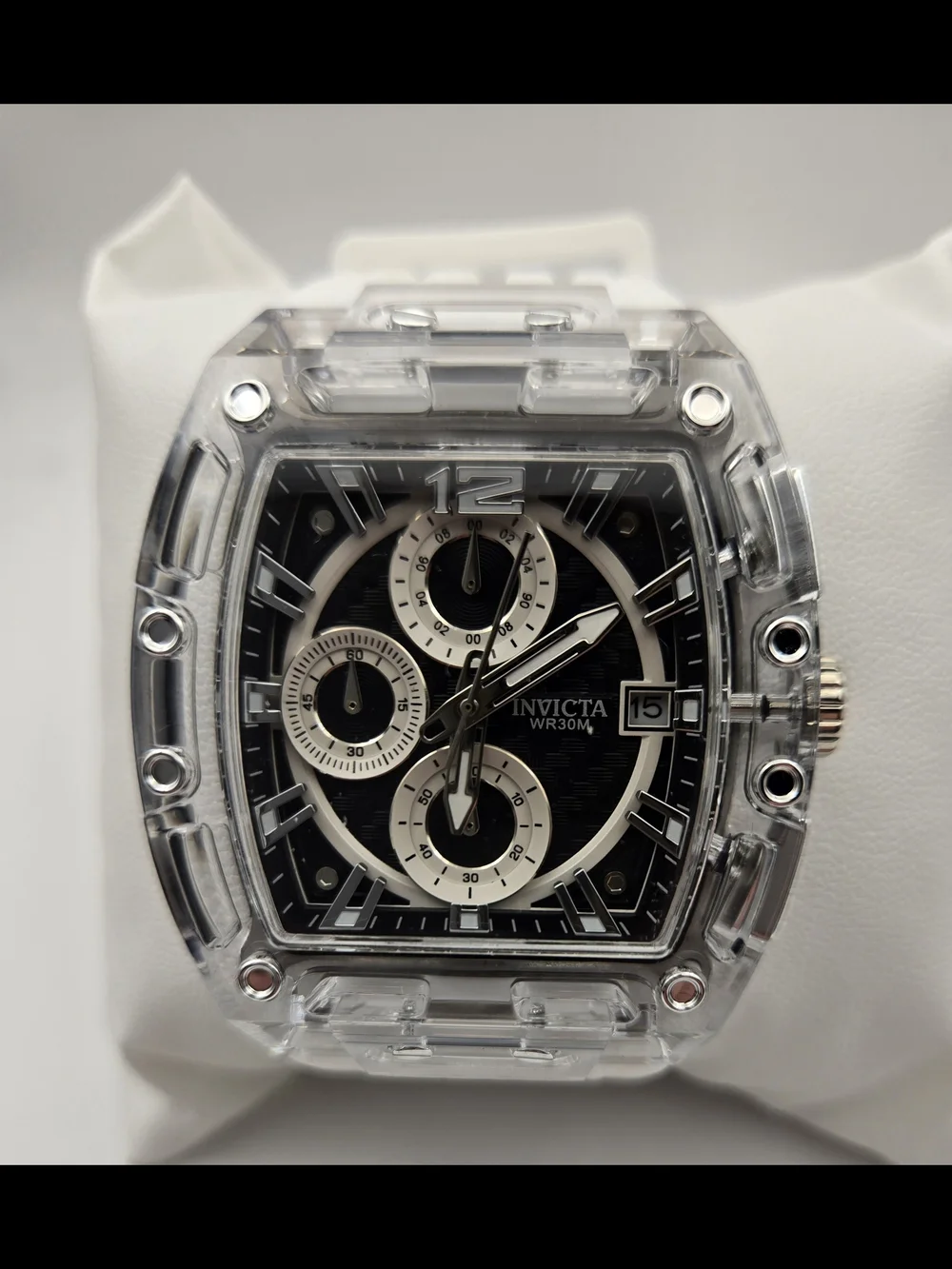 Invicta S1 Rally 42mm Black Dial Clear Quartz Chronograph White Silicone Watch